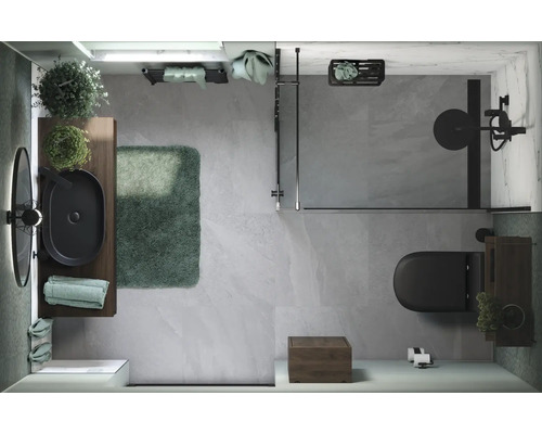 Bovenaanzicht van een badkamer met wastafel, spiegel, douche en toilet