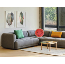 Woonkamer met grijze hoekbank, kussens, salontafel en wanddecoraties