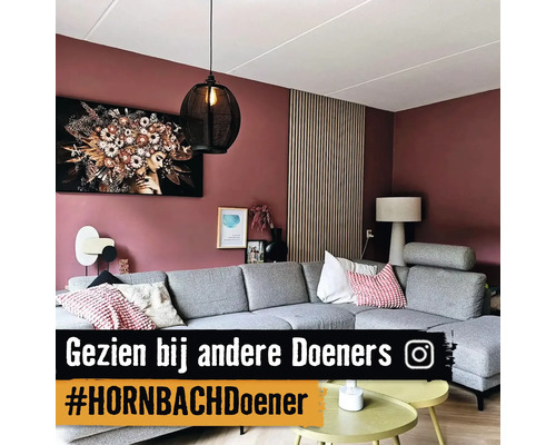 Woonkamer met grijze hoekbank, hanglamp en wanddecoraties