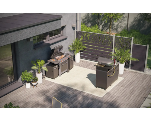 Terras met barbecue, buitenkeuken, privacyscherm en planten