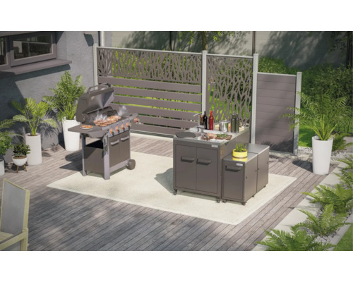 Tuinscene met barbecue, buitenkeuken en privacy schermen op een terras.