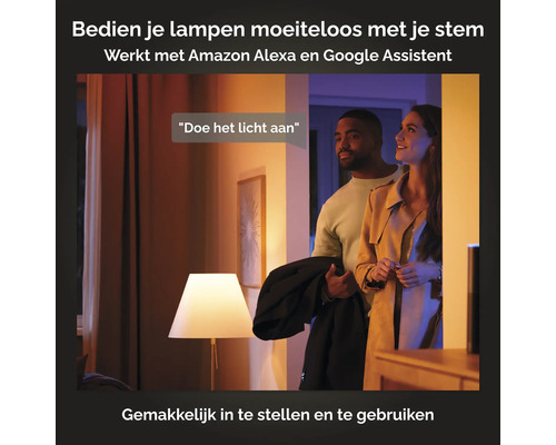 Man en vrouw in huiselijke omgeving met spraakgestuurde lampbediening