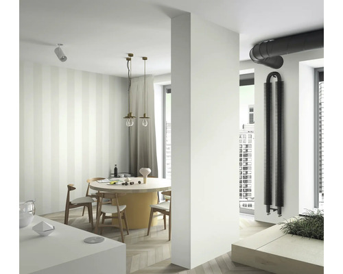 Lichte ruimte met eettafel, stoelen en een zwarte radiator