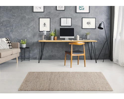 Woonkamer met bank, bureau, stoel en tapijt