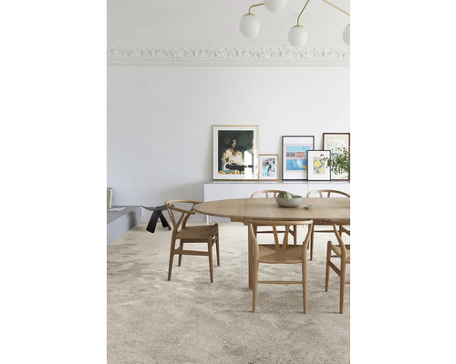 Lichte kamer met vloerbedekking, eettafel en stoelen.