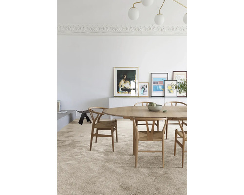 Lichte kamer met eettafel, stoelen en kunst aan de muur