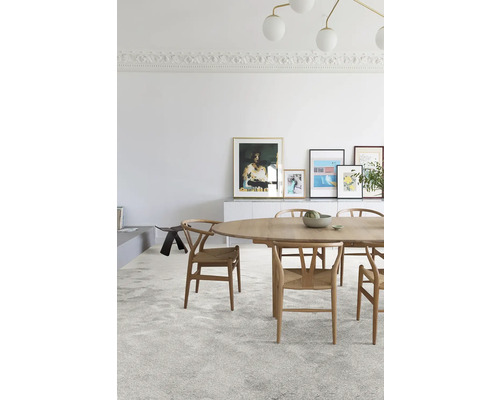 Lichte ruimte met eettafel, stoelen en decoratieve elementen.