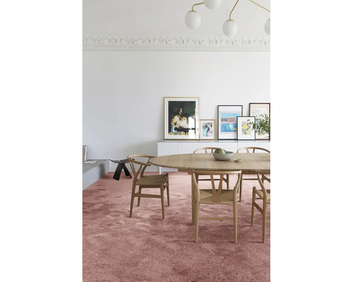 Lichte ruimte met eettafel, stoelen en tapijt