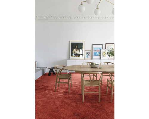 Een eetkamer met een ovale houten tafel, stoelen en een rood tapijt.