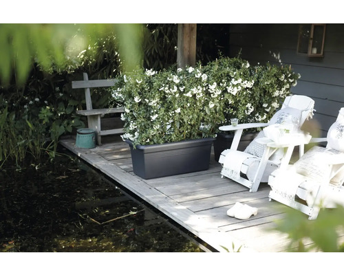 Scene met een langwerpige plantenbak op een houten terras naast een vijver, met tuinmeubilair en weelderig groen.