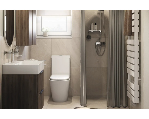 Badkamer met wastafel, toilet, douche en handdoekradiator.