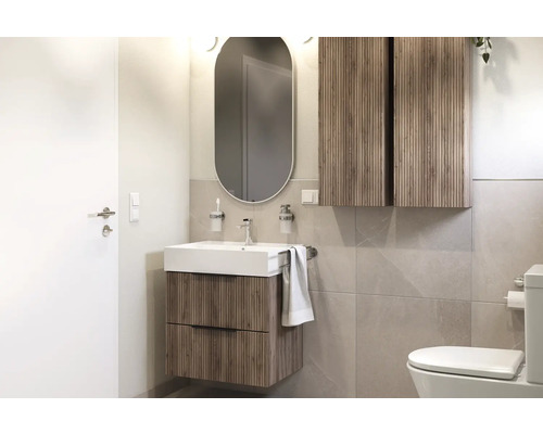 Badkamer met wastafel, spiegelkast en toilet