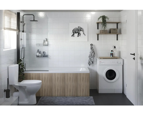 Badkamer met bad, douchewand, wasmachine, toilet en wastafel