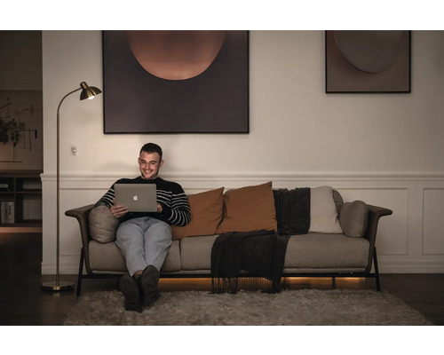 Man zit met laptop op een bank in een woonkamer met een staande lamp en wanddecoratie