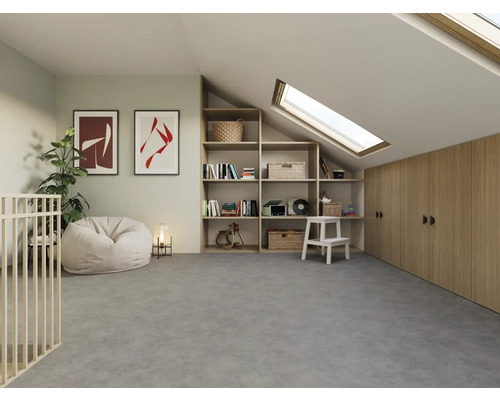 Lichte zolderkamer met boekenkast, dakraam, kledingkast en zitzak.