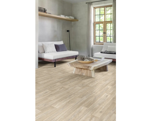 Woonkamer met houten vloer, banken en houten tafel.