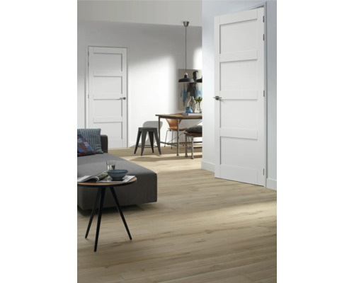 Lichte woninginrichting met houten vloer, bank en witte binnendeuren