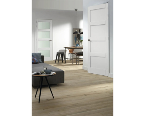 Lichte woonkamer met houten vloer, bank, tafel, eettafel en een witte binnendeur