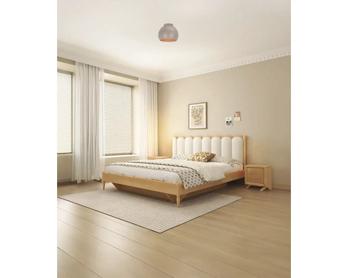 Slaapkamer met bed, nachtkastje, vloerkleed en plafondlamp