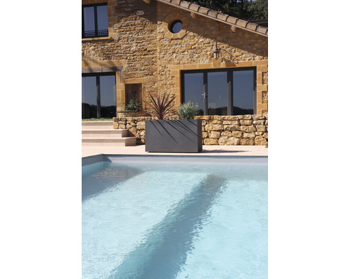 Steenhuis met zwembad en beplante plantenbak in de tuin.