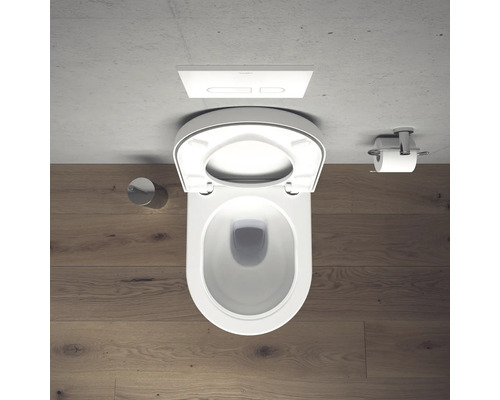 Bovenaanzicht van een toilet met open toiletbril en toiletpapierhouder