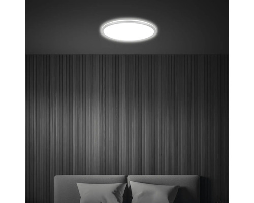 Kamerzicht met ronde plafondlamp boven een bed