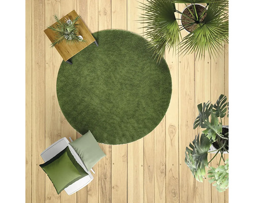 Bovenaanzicht met rond tapijt, bijzettafel, kamerplanten en kussens op een houten vloer