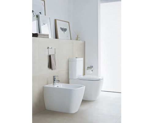 Moderne badkamer met bidet en toilet in wit, plus handdoekhouder en decoraties