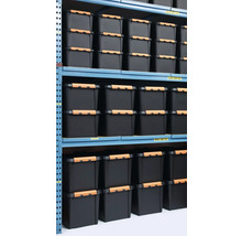 Stellingkast met zwarte opbergdozen met deksel
