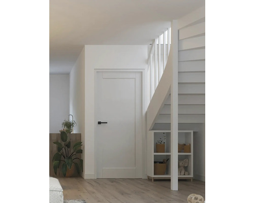 Interieur met witte deur, trap en opbergrekken