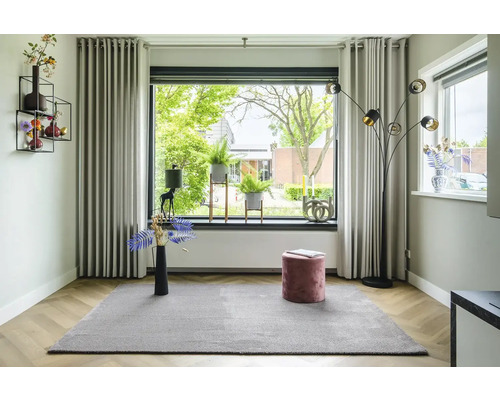Lichte kamer met vloerkleed, gordijnen, raam en decoratie