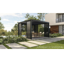Zwarte terrasoverkapping met lamellenwanden in de tuin