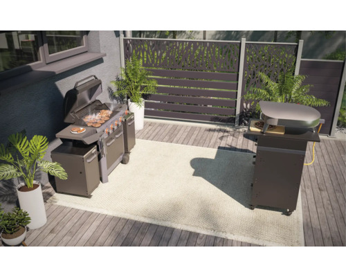 Buitenruimte met barbecue, pizzaoven en decoratief privacyscherm