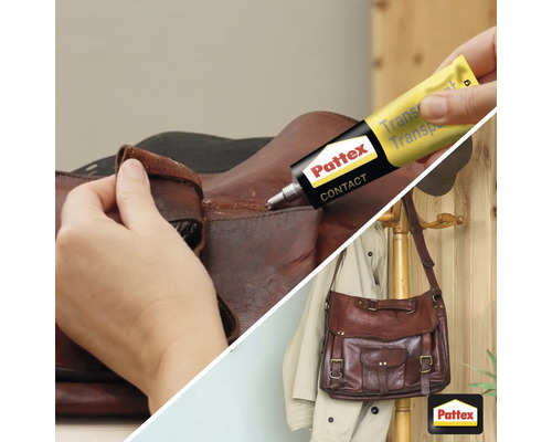 Pattex contactlijm wordt aangebracht op een bruine leren tas voor reparatie. Pattex logo zichtbaar.