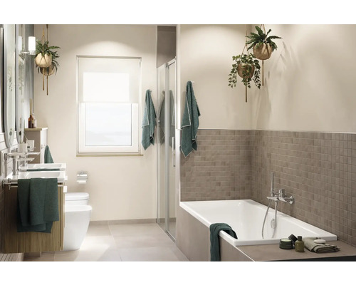 Mozaïektegel keramisch Cementine grijs 29,7x29,7 cm Moderne badkamer met bad, wastafel en planten