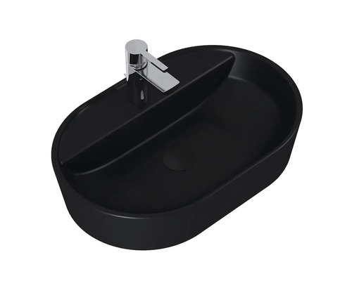 Zwarte opzetwastafel met chromen kraan