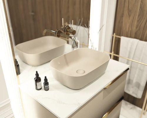 Badkamermeubel met twee opzetwastafels en kraan