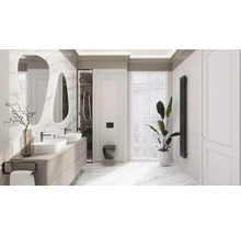 Lichte badkamer met dubbele wastafel, spiegels, toilet, radiator en kamerplant