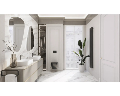 Lichte badkamer met dubbele wastafel, spiegels, toilet, radiator en kamerplant