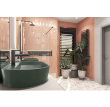 Lichte badkamer met dubbele wastafel, armaturen, radiator en planten