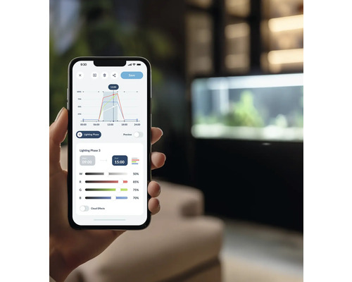 Een smartphone toont een app voor het regelen van aquariumverlichting met grafieken en instellingen.