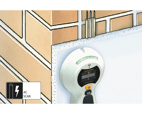 Laserliner detector voor het opsporen van wisselstroomleidingen in een bakstenen muur.