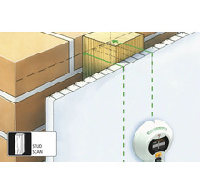 Illustratie van een Stud Scan detector die een houten stijl achter een muur vindt