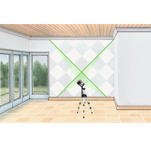 Kamerweergave met laserwaterpas op statief die groene lijnen op de muur projecteert