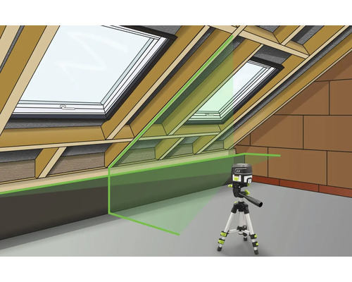 Kamer met dakramen en een lijnlaser op een statief die een groene lijn projecteert.