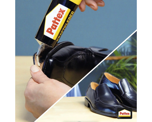 Pattex-contactlijm wordt aangebracht op een schoen voor reparatie.