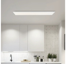Moderne keuken met een rechthoekige plafondlamp.