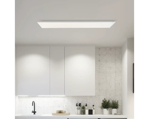 Moderne keuken met een rechthoekige plafondlamp.