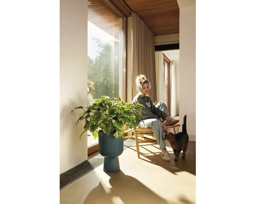 Vrouw met koptelefoon zit naast plant in pot in woonkamer