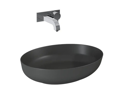 Zwarte waskom met wandkraan